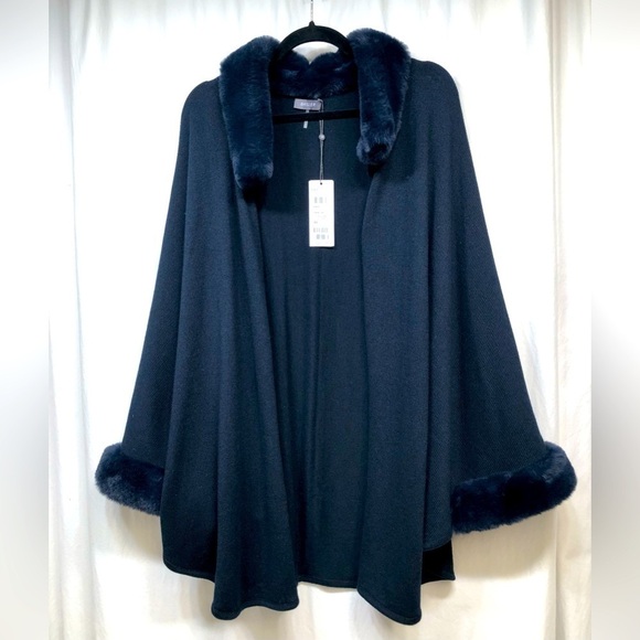 NWT BASLER Cardigan Poncho Cape Navy Blue Knit Faux Fur Size 44 US 12-14 XXL - Picture 2 of 16